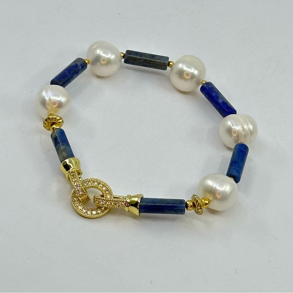 #308 New Handmade Natural Lapis Lazuli Tubes & round White Pearls Bracelet